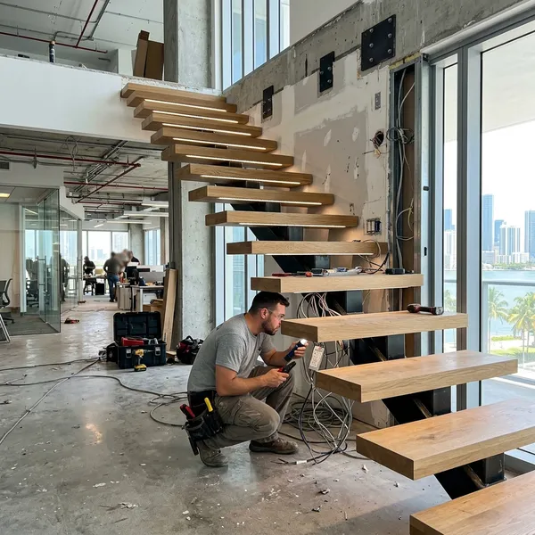 LED lighting integrated into floating stairs during installation