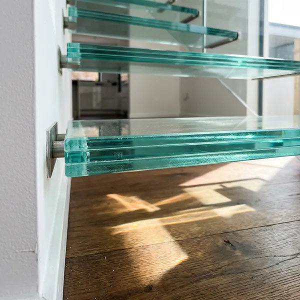 Glass balustrade railing detail on a Toronto floating stair