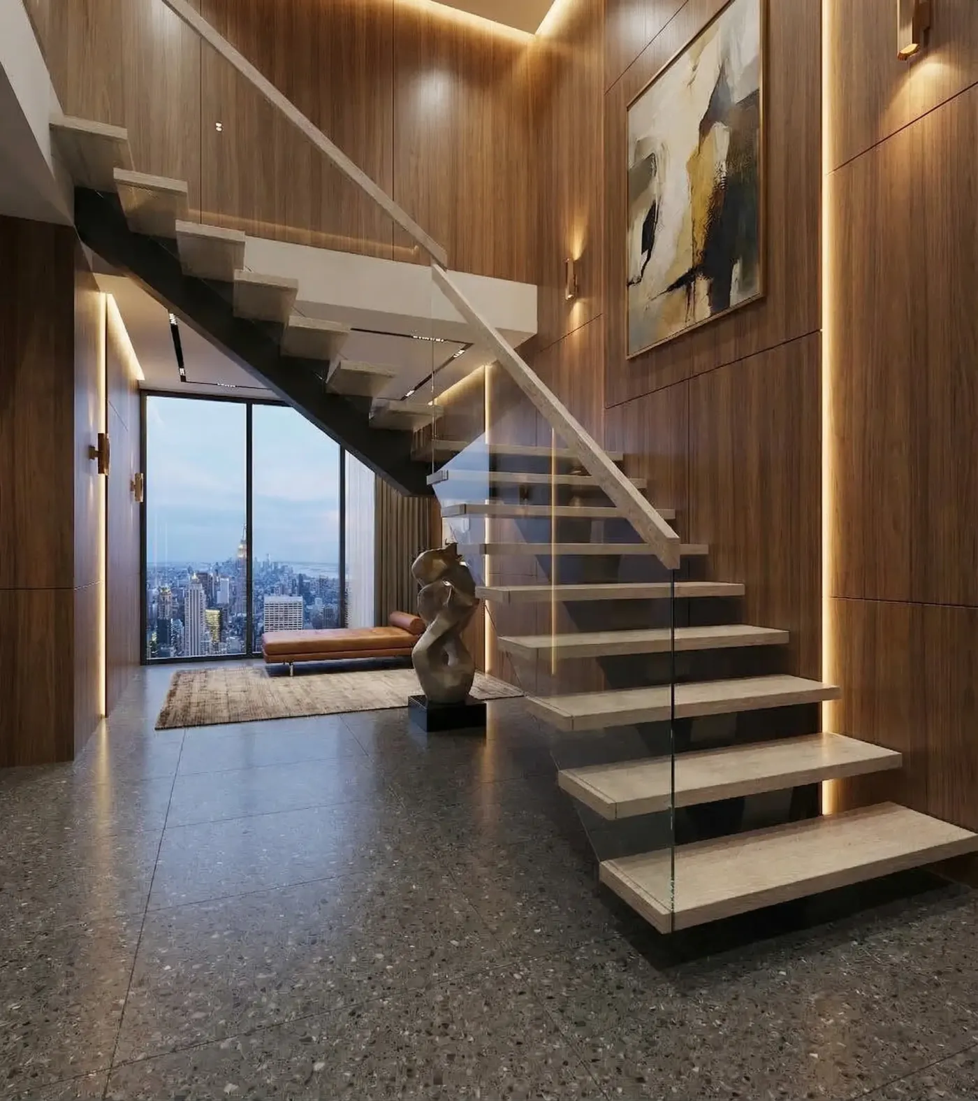 Industrial steel beam floating stairs in a Toronto loft