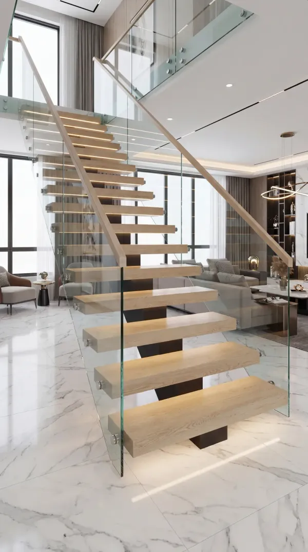Glass balustrade railing detail on a Toronto floating stair