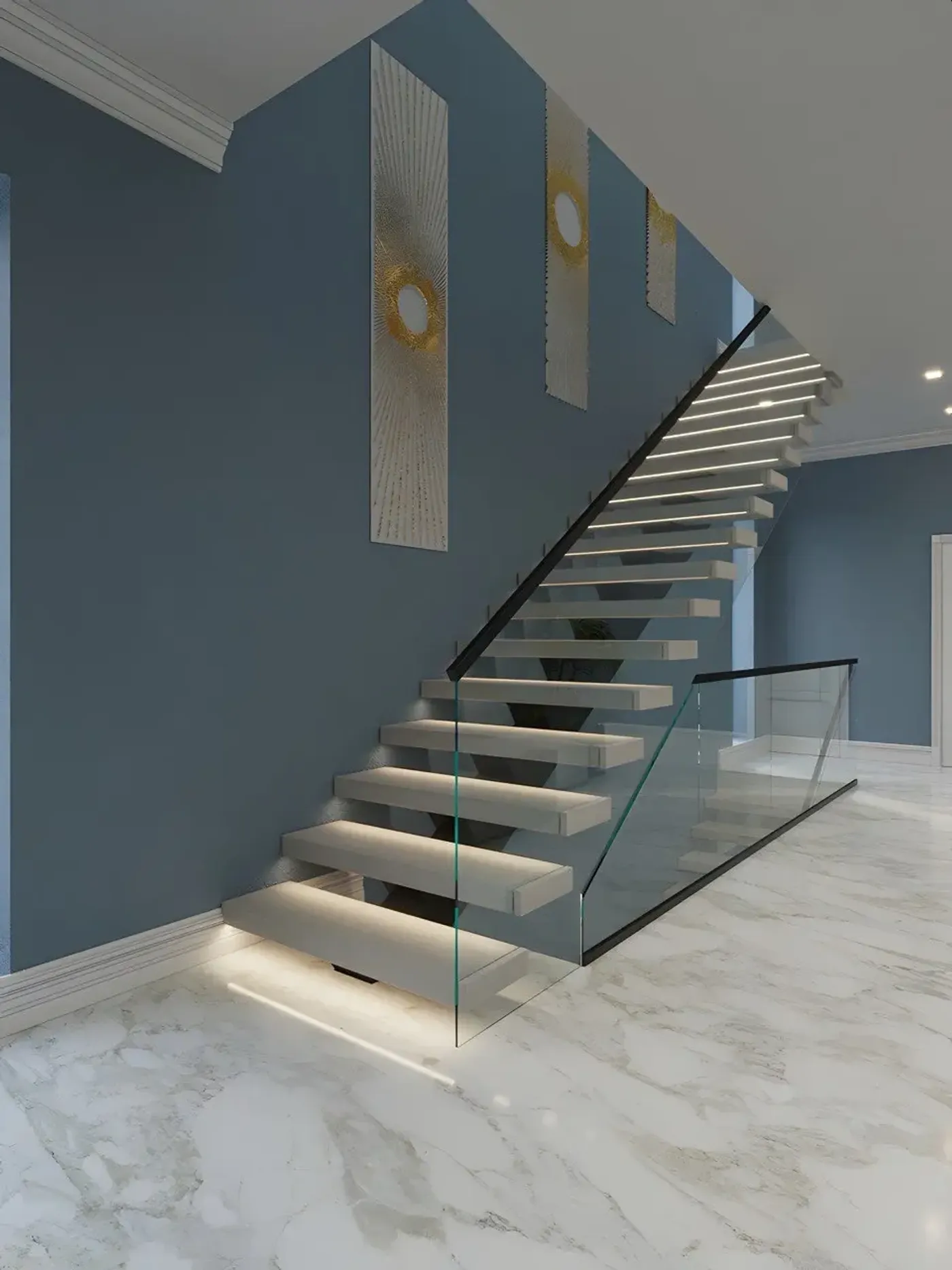 Integrated LED lighting on floating stairs in a Toronto home