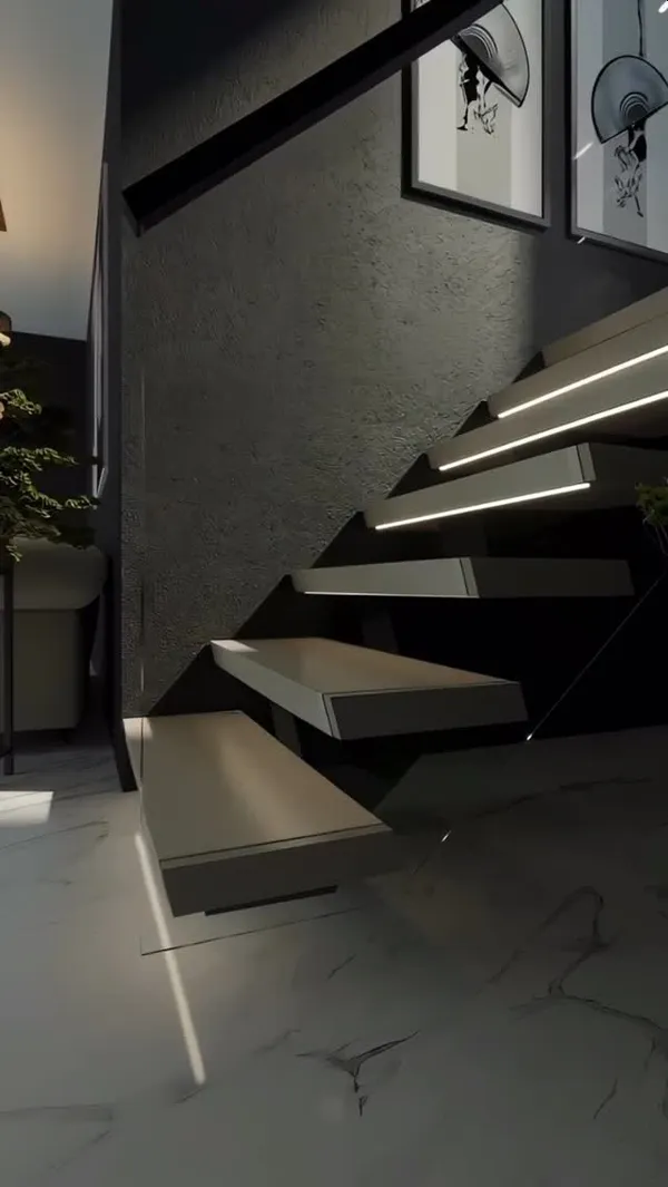 LED lighting integrated into floating stairs during installation